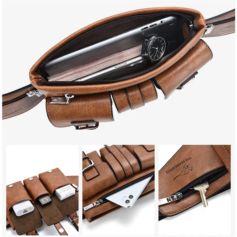 Men\'s Waist Bag Crossbody Shoulder Chest Bags for Man 2026 Leather Man Belt Pouch Travel Pack Large Cell Phone Pocket Fanny Pack