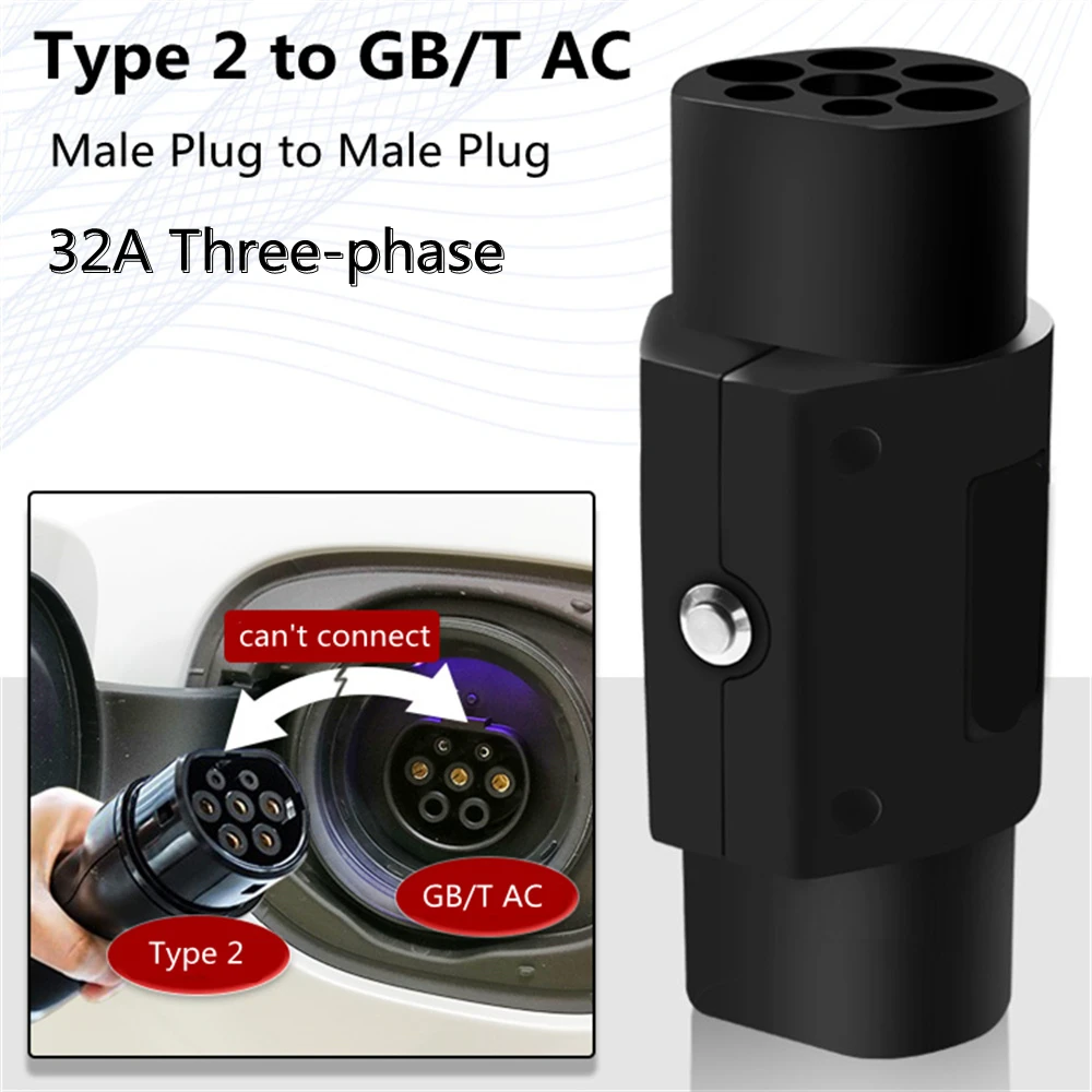 32A Type1 to Type2 to GBT EV Adapter Type 1 Male Socket to Type 2 to GB/T Female Plug On IEC 62196 Type 2 EVSE Charger Connector