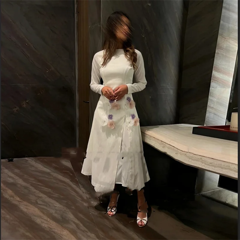 Vestidos de flores personalizados, Vestidos de graduación con cuello redondo, manga larga, fiesta de graduación, vestido de fiesta con cremallera en la espalda, Vestidos de noche