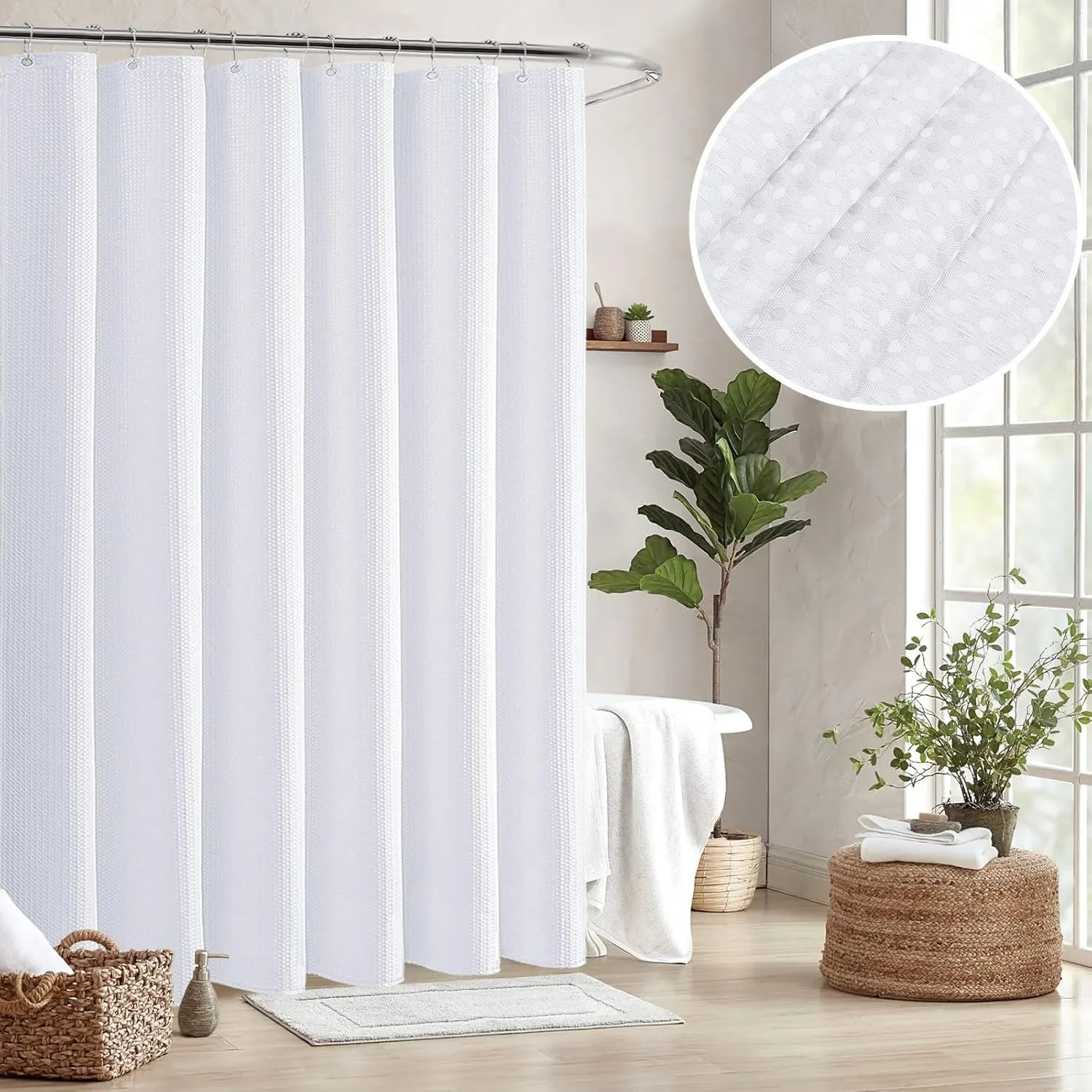 Waffle Weighted Shower Curtain Waterproof Mould Proof Resistant Weighted Shower Curtains for Bathroom Wet Room Machine Washable