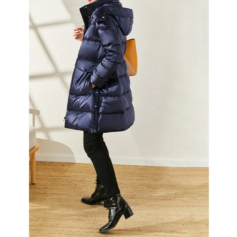 95% White Goose Down Waist Down Jacket, Hooded Medium and Long 2024 New Women, Goose Down Klein Blue Bread Jacket