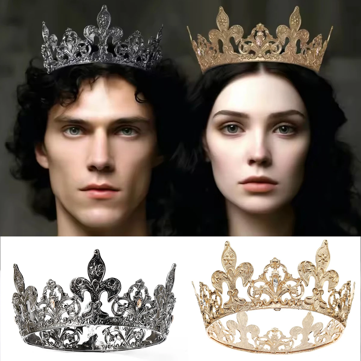 2 Colors Royal King Queen Crown Set  Silver Gold Fleur-de-lis Tiara for Wedding  Couples Cosplay  Halloween