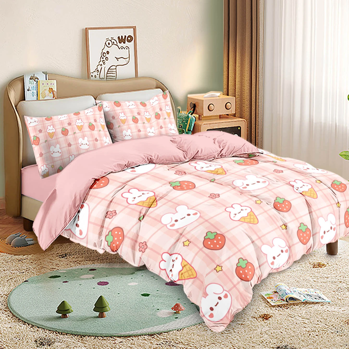 3PCS Cartoon Grid Rabbit Theme Series Bedding Set Full Size Kids,Rabbit Comforter Cover for Boys Girls Bedroom Decor