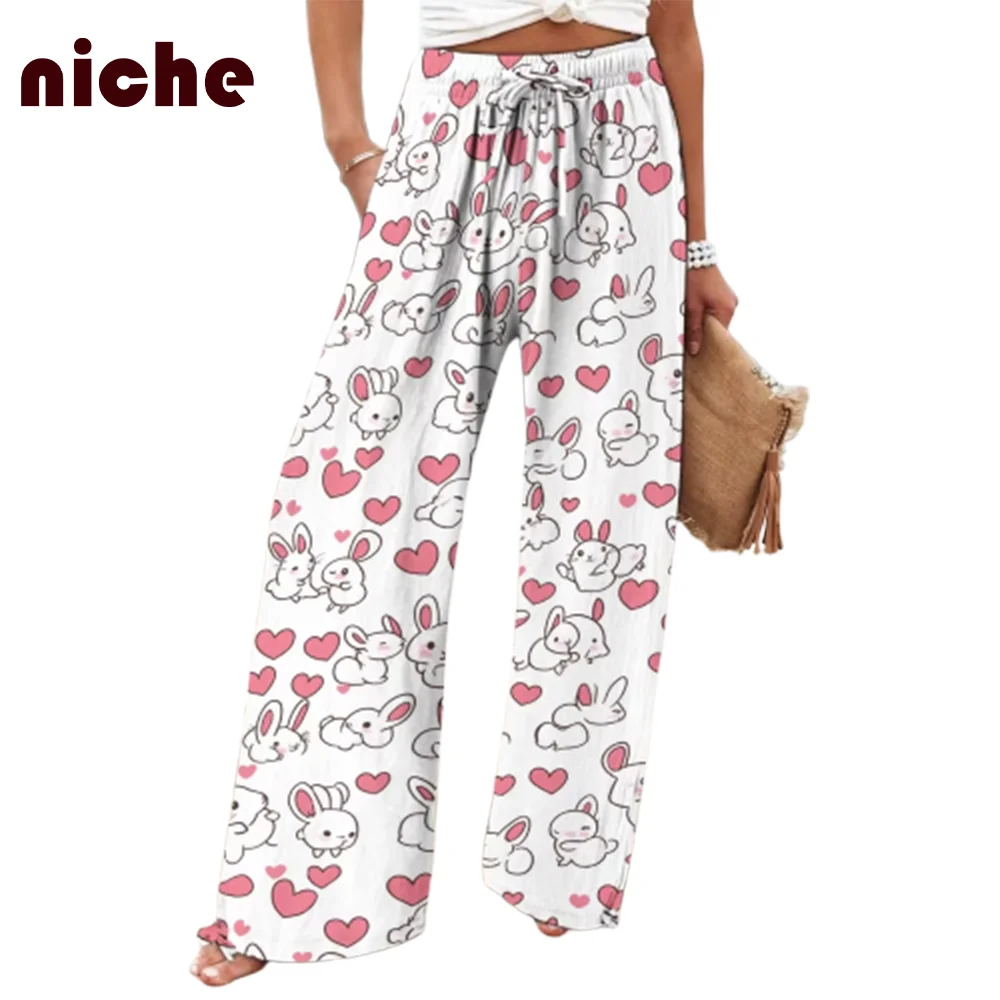 Ladies Casual Loose Pants Y2k Style Cartoon Rabbit Graphic Printing High Quality Fabric Fashion Trend New Wide Leg Beach Pants