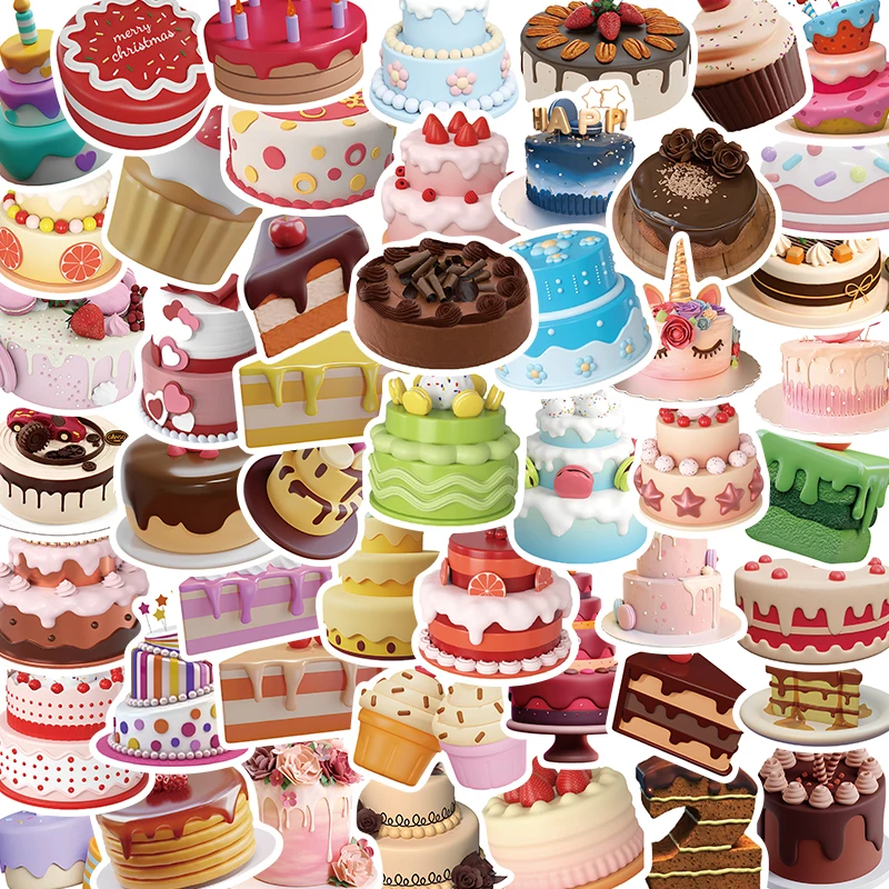 50PCS 3D INS Birthday Cake Kawaii Stickers Vintage For DIY Kids Notebook Luggage Motorcycle Laptop Refrigerator Decals Toys