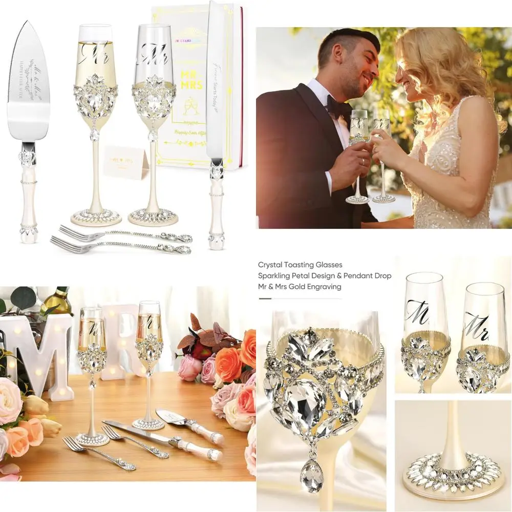 Flautas de champán de cristal de lujo con diamantes de imitación y colgante de pétalos de plata, cuchillo para pastel de boda hecho a mano y juego de servidor, pastel S
