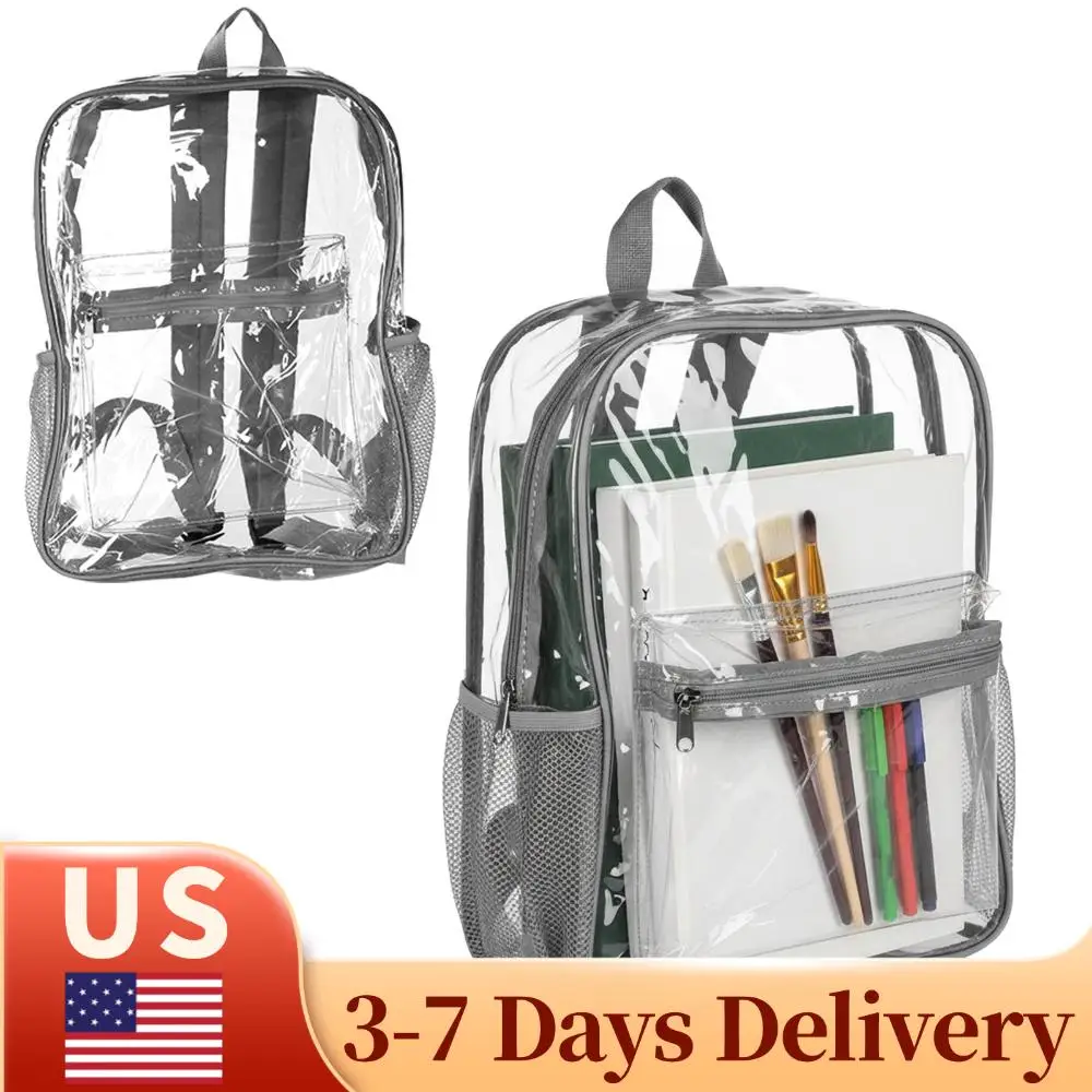 

48/72 Pack PVC Transparent Bookbags with Pockets 15 Inch Clear Bookbag for College Travel Sport Work Stadium Approved