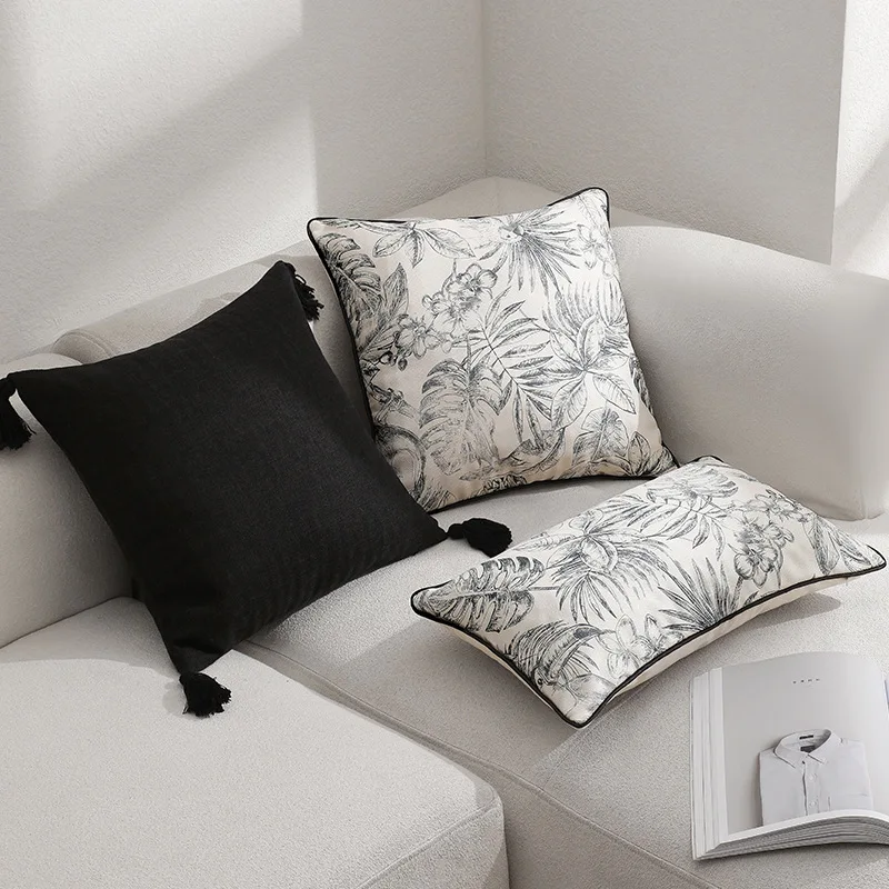 Retor Black&white Style Pillowcase With Tassel French light luxury printed plant Cushion Cover For Living Room Sofa Home Decor