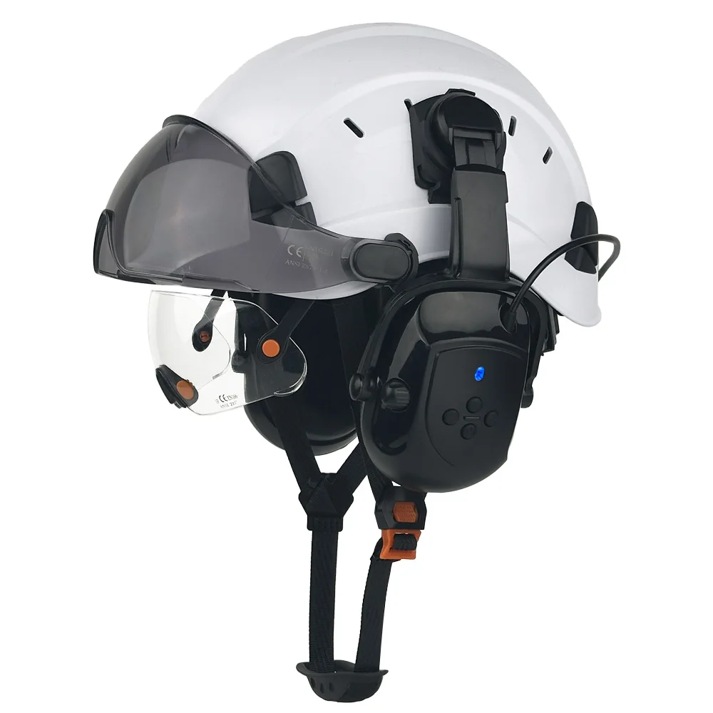 CE Safety Helmet with Rechargeable Bluetooth 5.1 EarMuffs Double Goggles Ventilated ABS Work Cap for Construction Work ANSI