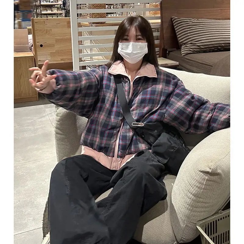 

American Retro Plaid Cotton Jacket Women's Winter Thick Warm Cotton Coat Short Style Versatile Top Commute Long Sleeve Regula...