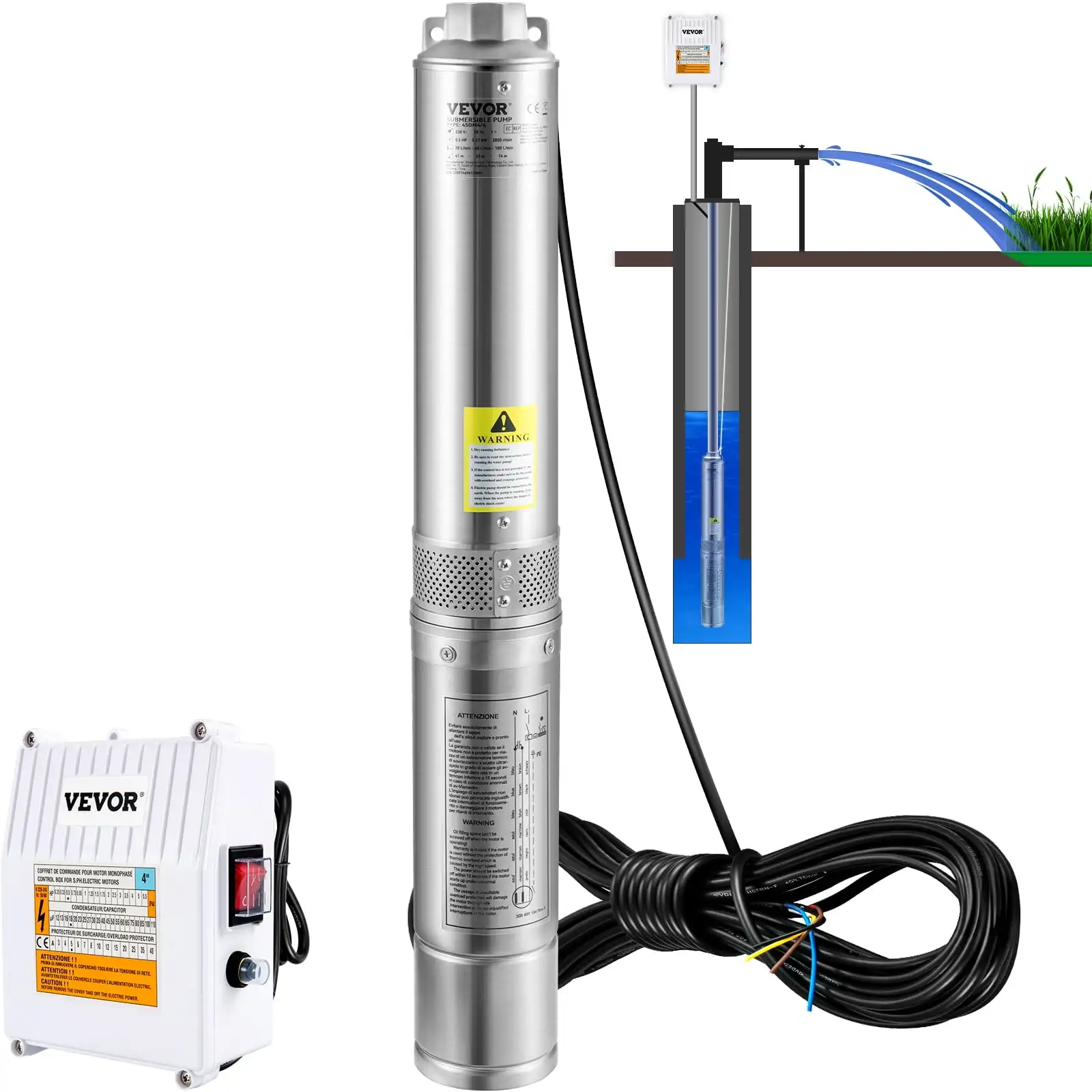

Deep Well Submersible Pump, 2HP 230V/60Hz, 37GPM 427 ft Head, with 33 ft Cord & External Control Box, 4 inch Stainless Steel