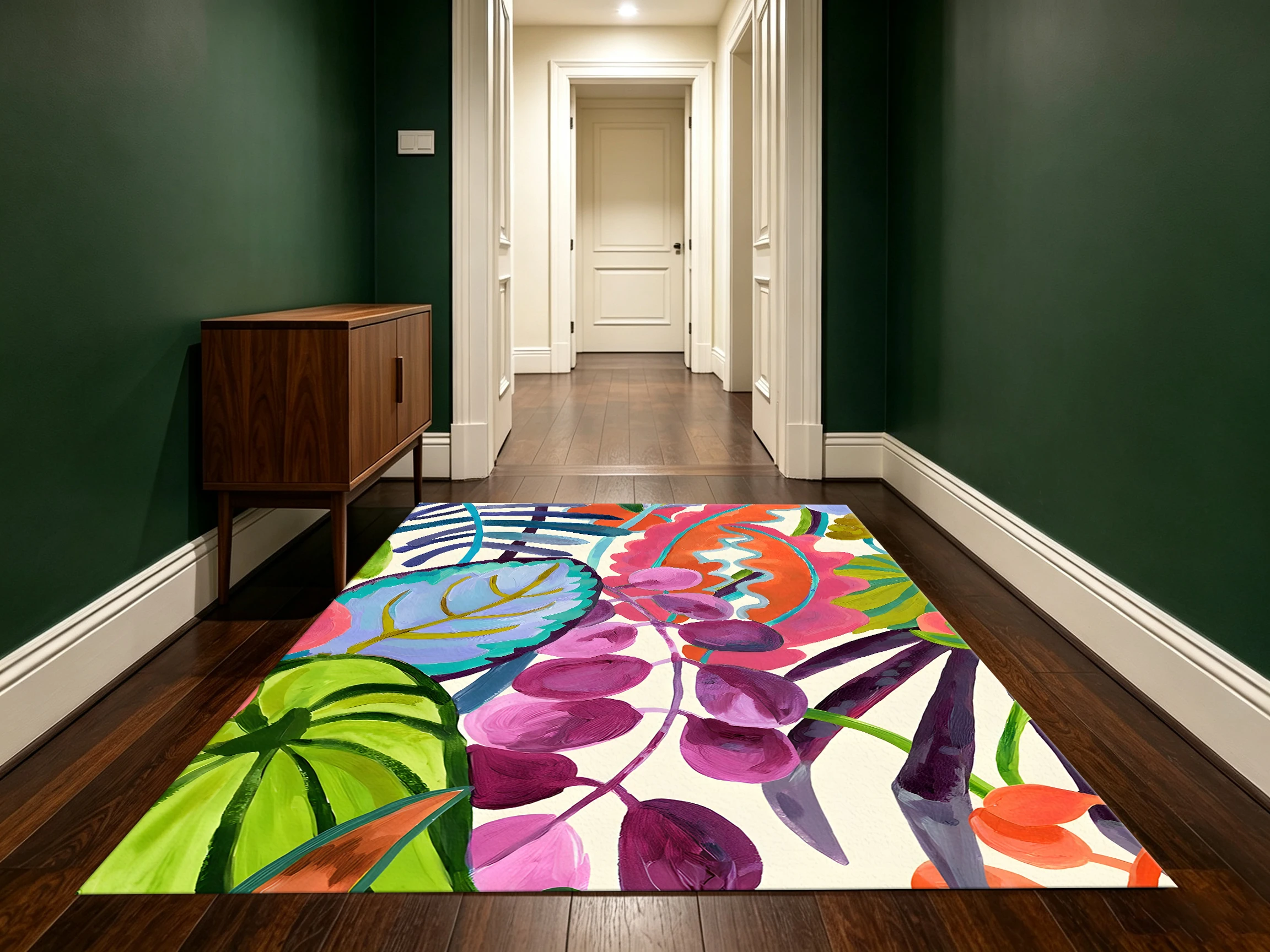 2D Carpet with Hand-Painted Tropical Floral Designs in Dopamine Artistic Style for Living Room, Bedroom, and Bedside