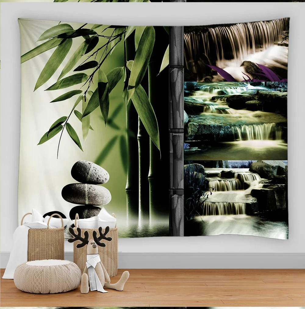 Zen Stone Plant Bamboo Tapestry Wall Hanging Flowers Running Water Tapestry Scenery Wall Ceiling Cloth Carpet Beach Towel Decor