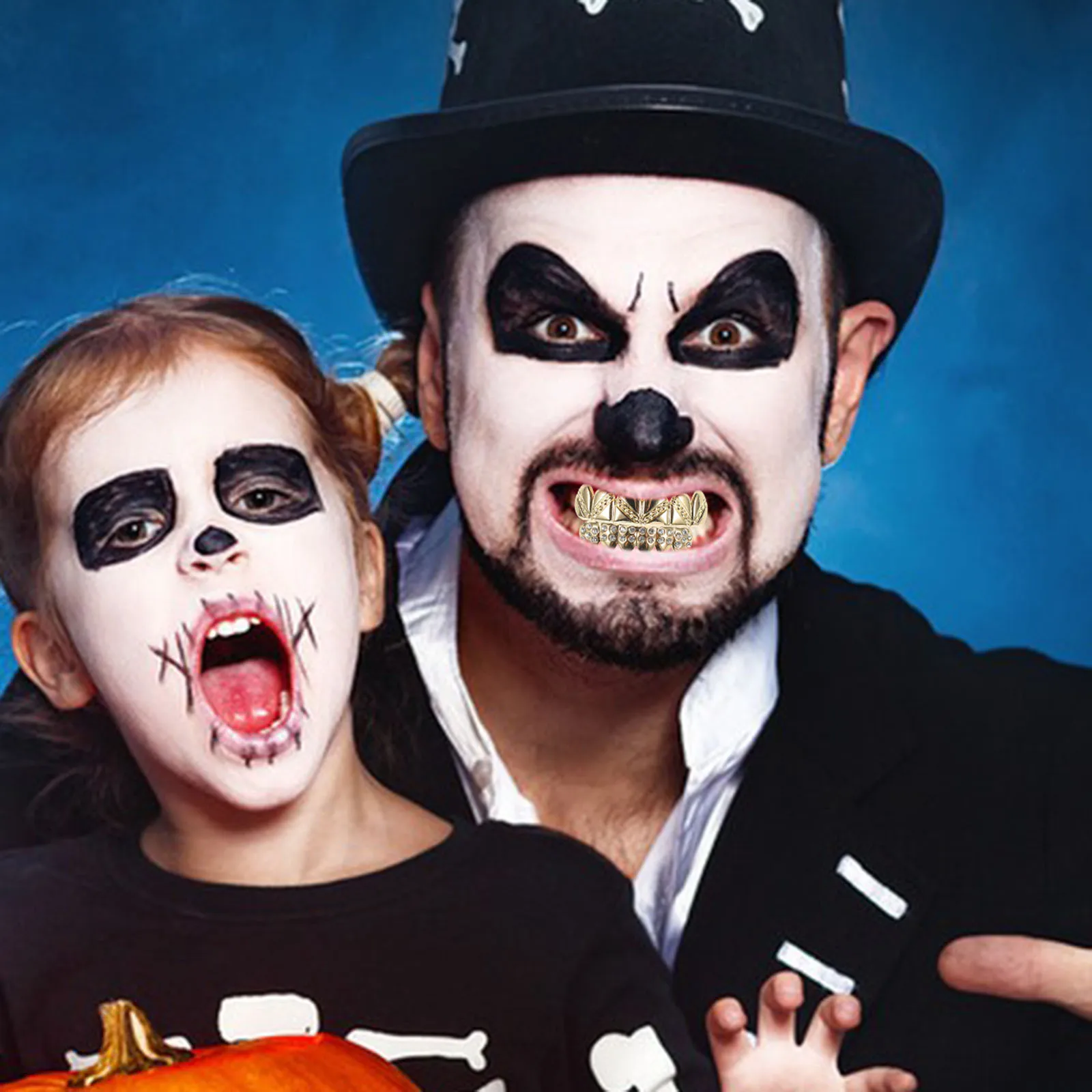 

2Pcs Halloween Fake Teeth Golden Plated Hip Hop Mouth Grills Grill Set Costume Teeth Party Accessories