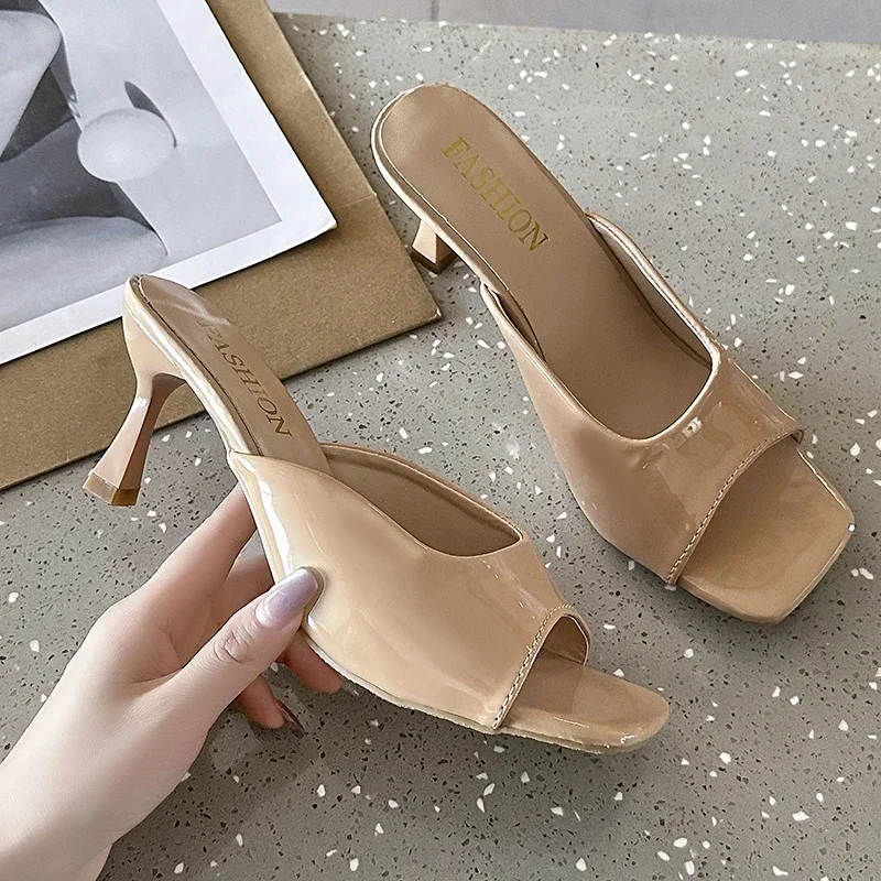 Women's Slippers 2024 Summer Fashion Simple Solid Square Toe Stiletto Comfortable Breathable Shallow Mouth High Heels Sandals