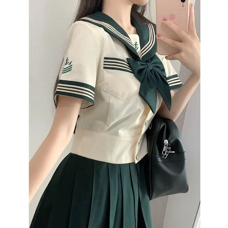 Japan Genuine School Girl Uniform  JK Green Sailor Basic Cartoon Three Lines Sailor Uniform Sets Navy Costume Women Girl Costume