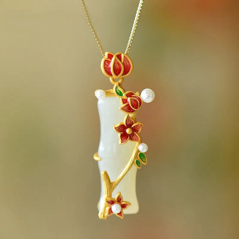 

Ancient gold craft Vintage necklaces natural Hetian jade plum blossom bamboo pendant ethnic style clavicle chain women's jewelry