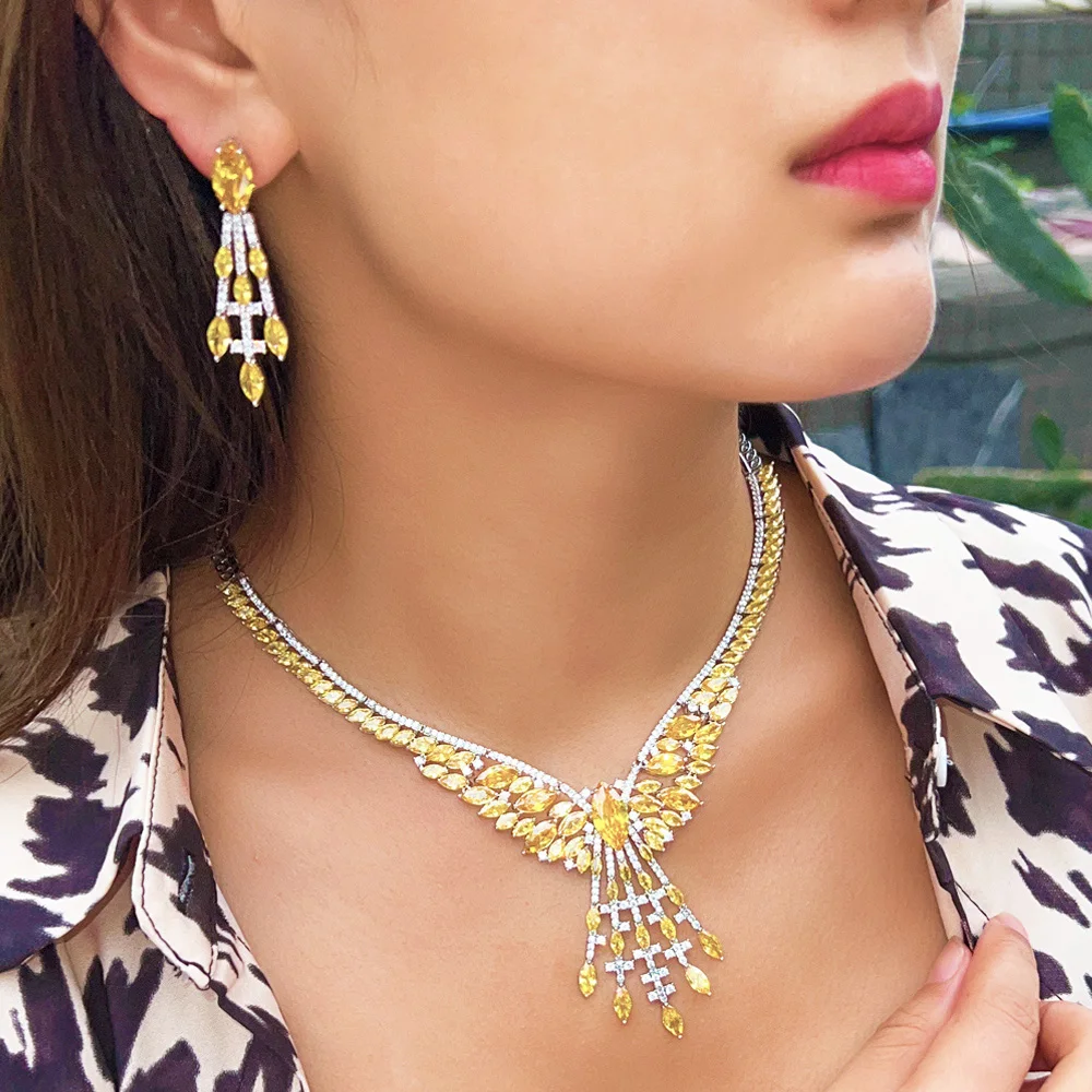 Pera Gorgeous Yellow CZ Crystal Dangling Geometry Drop Necklace Earrings Jewelry Sets for Brides Party Wedding Accessories J461