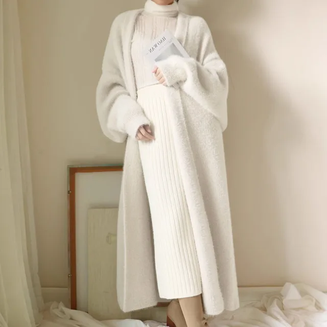 white Long Cardigan for women winter clothes Knitted fluffy long sleeve Cashmere sweater coat clotkorean style warm vintage