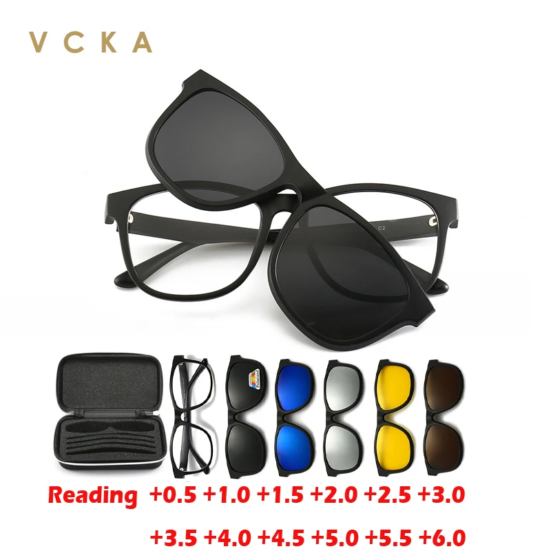 VCKA 6 in 1 Retro TR90 Polarized Sunglasses Clip Sets Variety Mirror Custom Reading Glasses Frame Hyperopia Eyewear +0.5 to +6.0