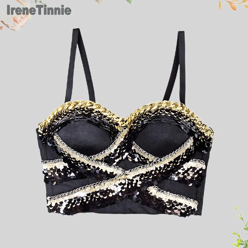 IRENE TINNIE Black Sequins Female Corset Top Women Crop Top Push Up Tube Bra Nightclub Pearl Short Chest Binder Sexy Camisole