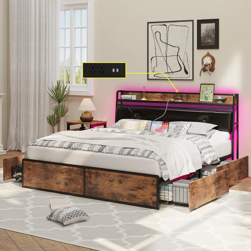 

King Size Bed Frame with 4 Drawers, Storage Headboard with Charging Station, RGB Lights, No Box Spring Needed, Noise Free,