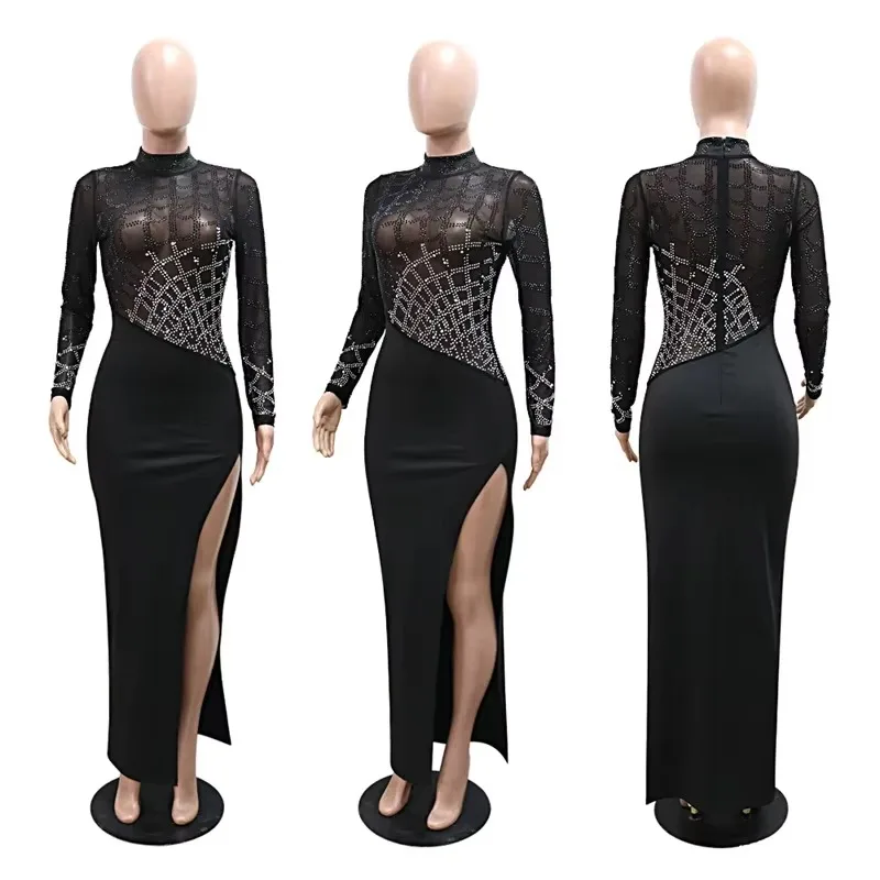 Sexy High Split Party Evening Dresses Women Wedding Mesh See Through Patchwork Long Sleeve Rhinestones Nightclub Prom Dress