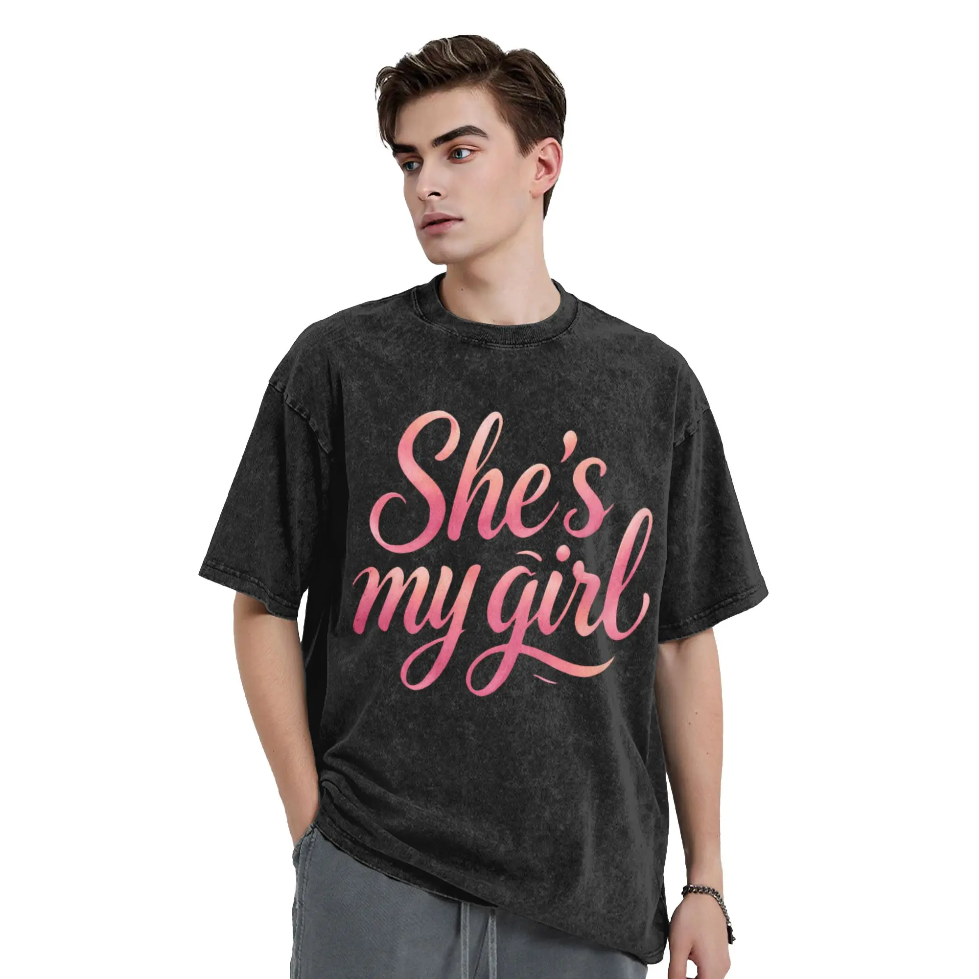 She's my girl He Boy couple outfits woman Men Cotton Washed Hot stamping Print T-Shirt, Harajuku Men's Summer Short Sleeve Tees