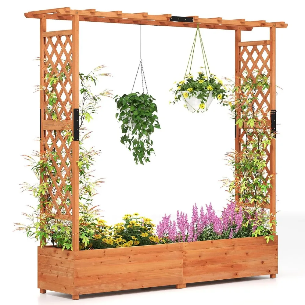

Raised Garden Bed with Trellis & Hanging Roof, Wood Planter Box with Bottom and Drainage Holes, Freestanding Garden, Customized