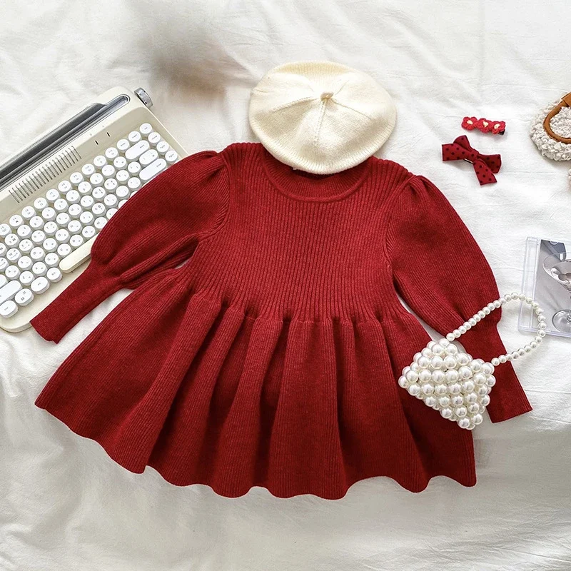 Baby Girls Knitted Dress 2024 New Fahsion Children Princess Autumn Winter Dresses Puff Sleeve Red Sweater Dress Japanese Style