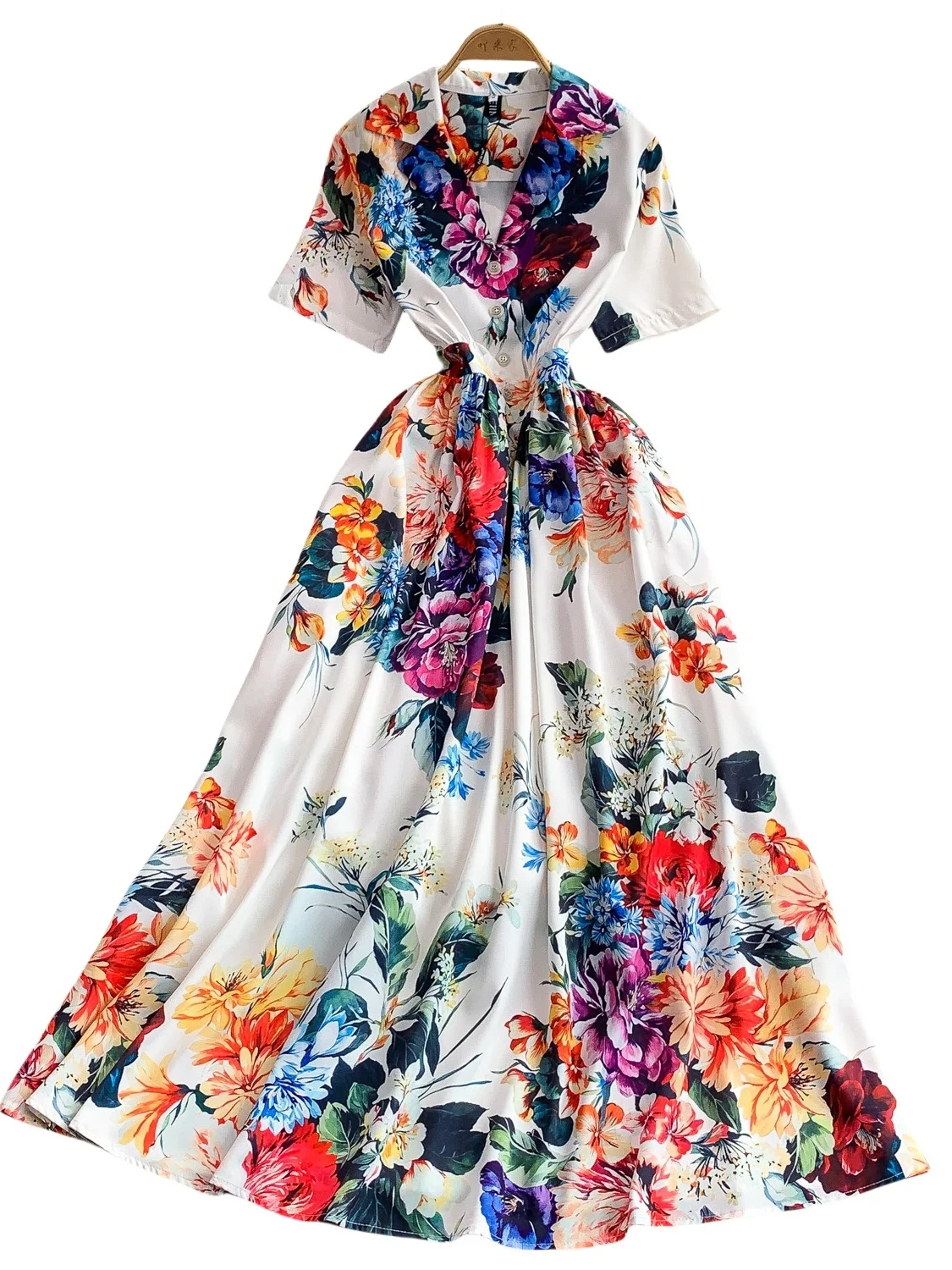 Vaion Sle بدلة مطبوعة طوق Dr المرأة ربيع الخريف زر عالية الخصر التخسيس تنورة طويلة النسخة الكورية ميدي الدكتور