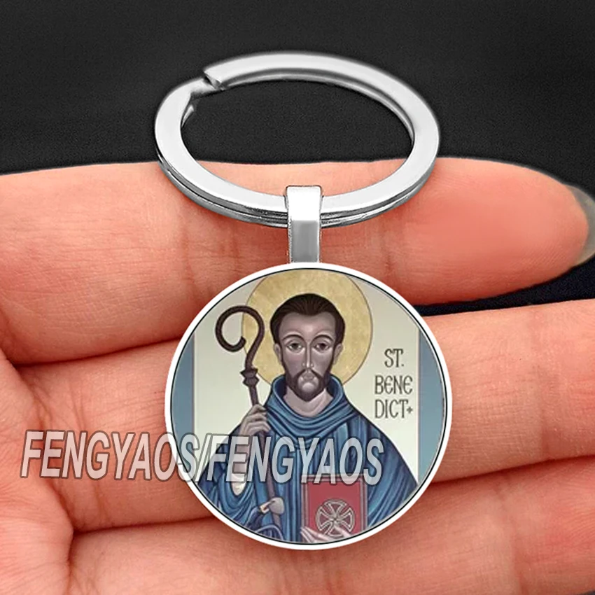 Cross Saint Benedict Keychain for Catholic Glass Cabochon Christian Key Chain Metal Catholicism Keyring Gift