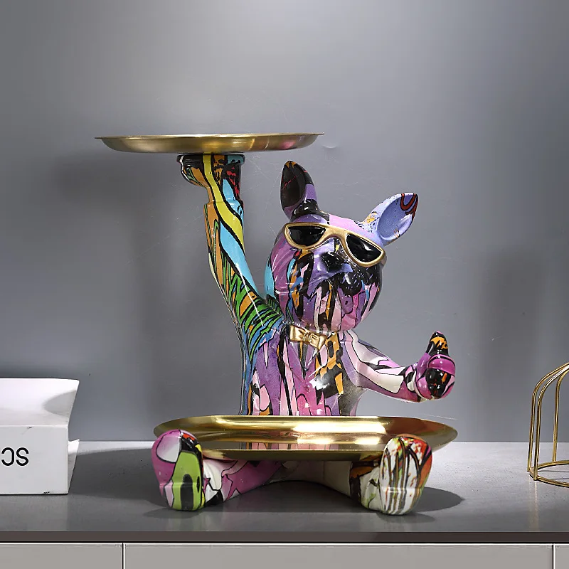 Colorful Marble Print French Bulldog Figurine With Two Metal Trays Lucky Chinese Style Key Storage Holder Entryway Tabletop Home