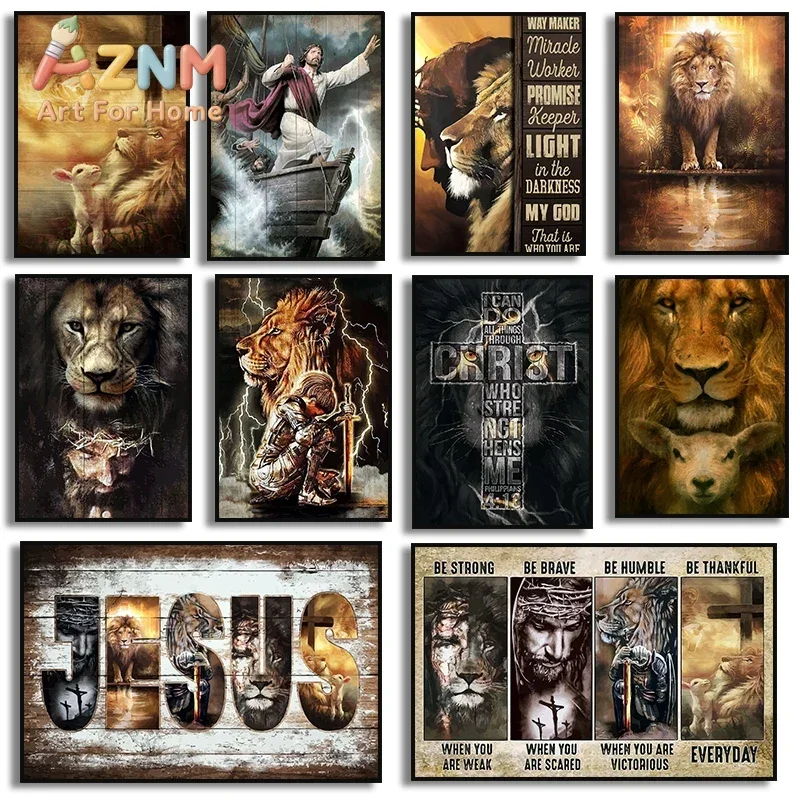 Vintage Lion and Jesus Lamb Portrait Posters Prints Religion Christ Quote Canvas Painting Wall Art Picture for Room Home Decor