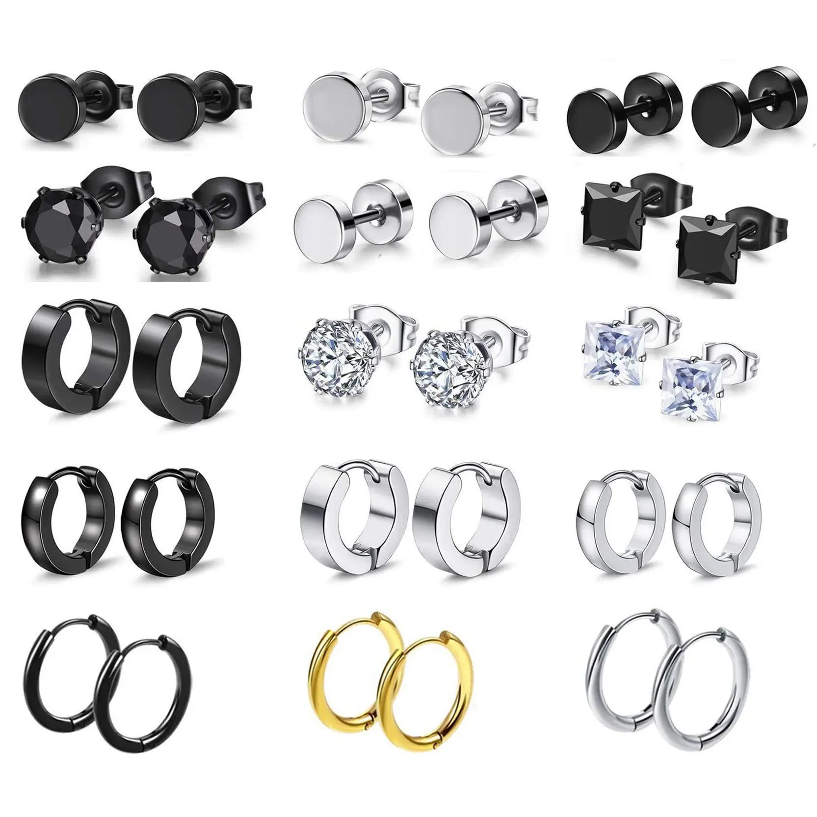 

15 Pairs Surgical Stainless Steel Small CZ Square Round Stud Earrings Simple Punk Ear Rings Hoop Earrings for Men Women