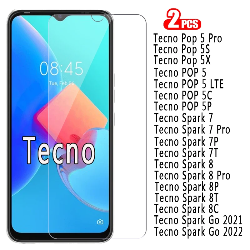 

2-1Pc HD Glass For Tecno Pop 5X 5S 5C 5P 5 LTE Spark 7 7P 7T 7P 8P 8T 8C Screen Cover For Tecno Pop 5 S X Spark 7 8 PT Pro Glass