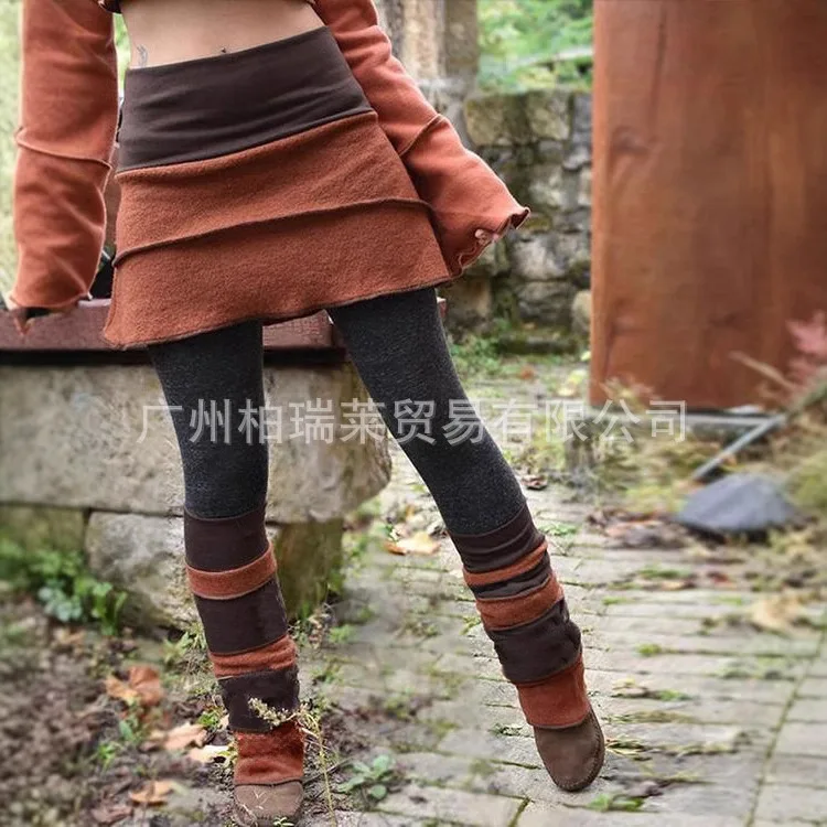 2025 Contrast Color Patchwork Irregular Leggings Skirt, High Waist Tights Skirt