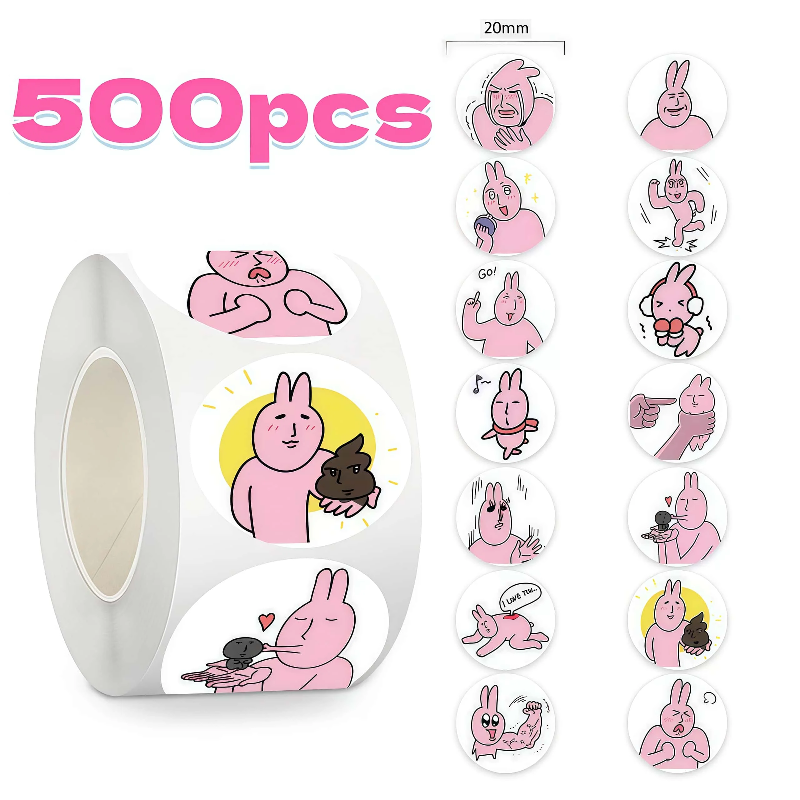 500Pcs Funny Pink Meme Rabbit Sticker Roll, 14 Styles Bunny Labels for Packaging Journal DIY Decor