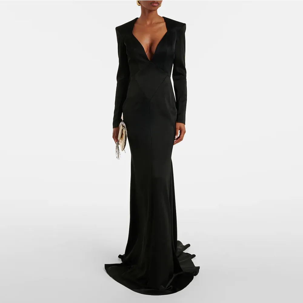 

Современное черное женское вечернее платье Русалка длиной до пола, вечернее платье с длинными рукавами, платье в Саудовской Аравии, платье для выпускного вечера с v-образным вырезом и шлейфом