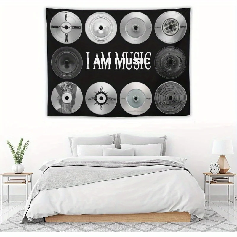 VIKAMA I AM MUSIC Wandteppich im Retro-CD-Design, perfekt für Musikliebhaber, Dekoration, Schlafzimmer, Wandgestaltung und Fotohintergründe