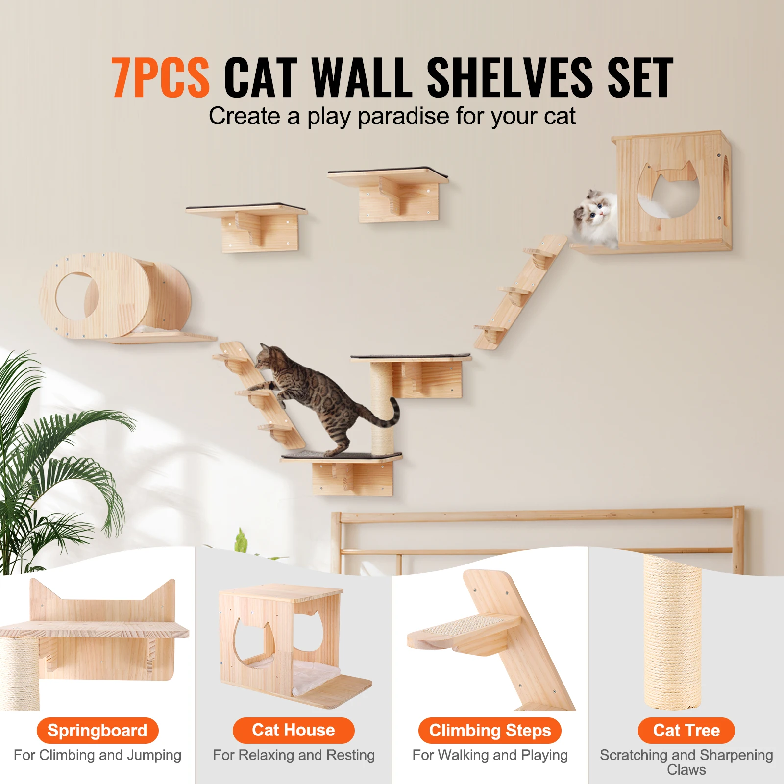 VEVOR Wall Mounted Cat Shelves Cat Wall Shelves and Perches with Jumping Boards Hammocks & Cat Tree Cat Furniture and Shelves