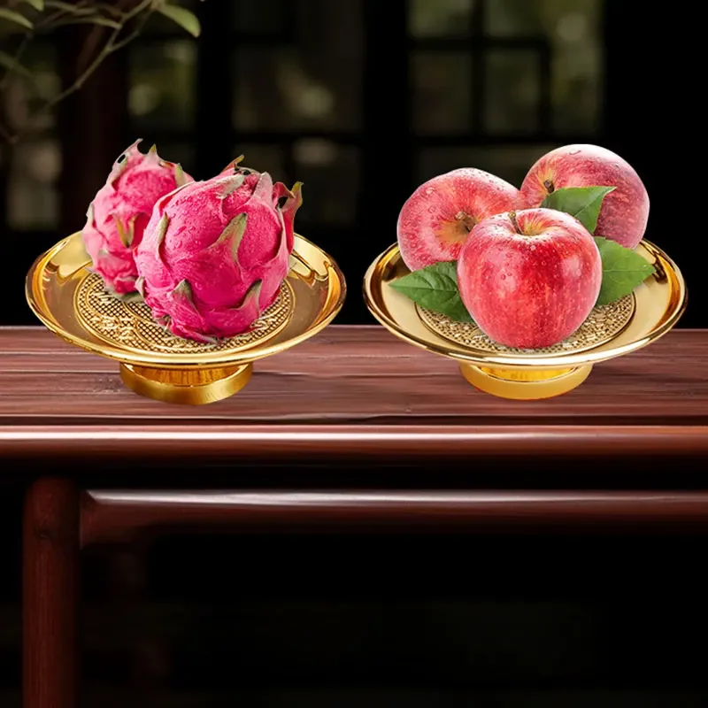 Bronze Alloy Fruit Offering Plate Buddhist Temple Home Altar Decor Bodhisattva Devotion Ritual Utensil High Footed Tray 1pc