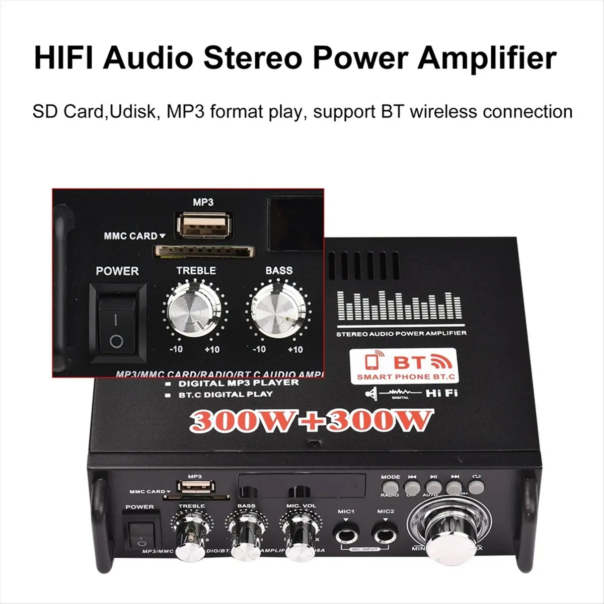 DT!~D1829 HOT-BT-298A Audio Power Amplifier 2CH 300W+300W for Car Home Bluetooth Digital Audio Receiver AMP FM Radio EU Plug