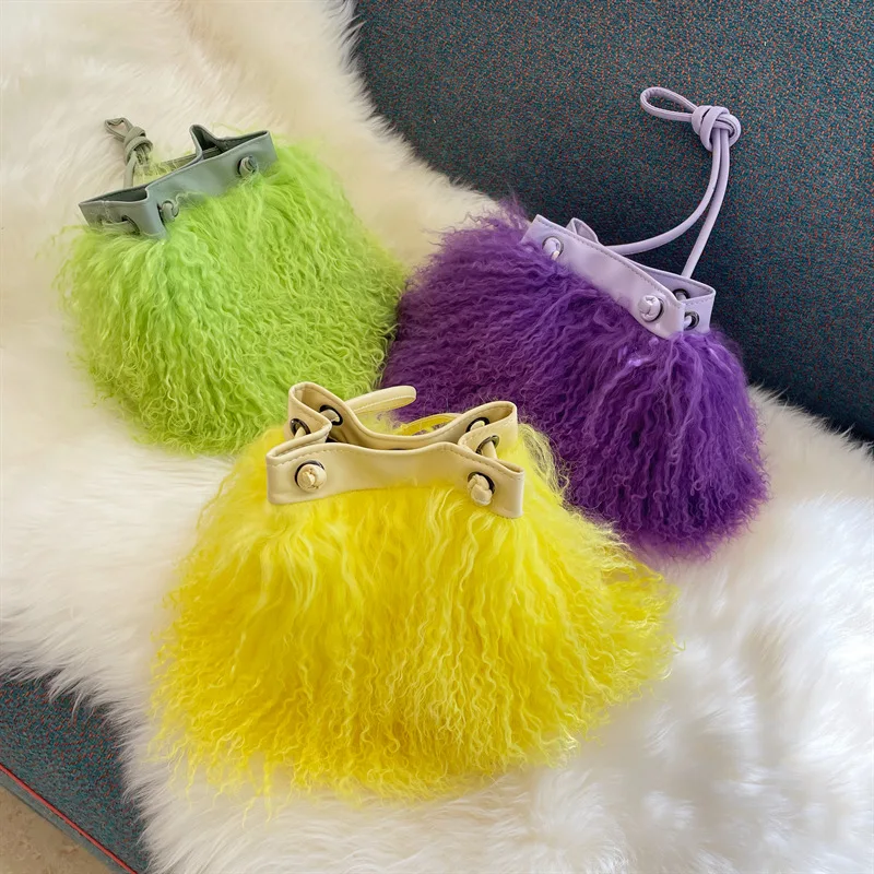 Women\'s Fashion Real Long Fur Wool Bag Beach Wool Fur Shoulder Bag Ladies Handbag Luxury Mongolian Sheep Fur Bags