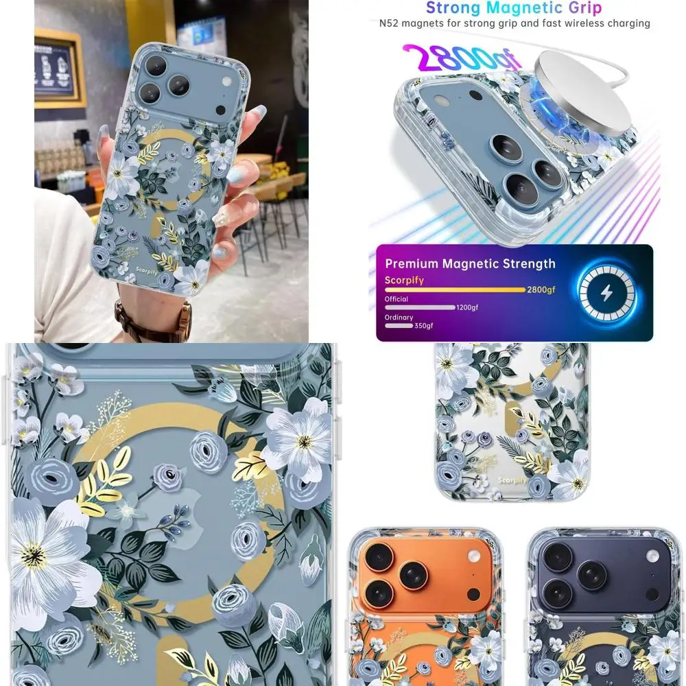 

for iPhone 17 Pro Case [Compatible with MagSafe] with Blue Nemophila Floral Design, Cute Clear Flower Magnetic Phone Cover for W
