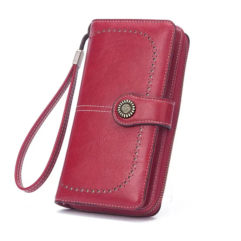 New Retro Long Purse Vintage Solid Color Oil Wax Hollowed Out Wallet Multifunction Large Capacity Mobile Phone Bag For Women