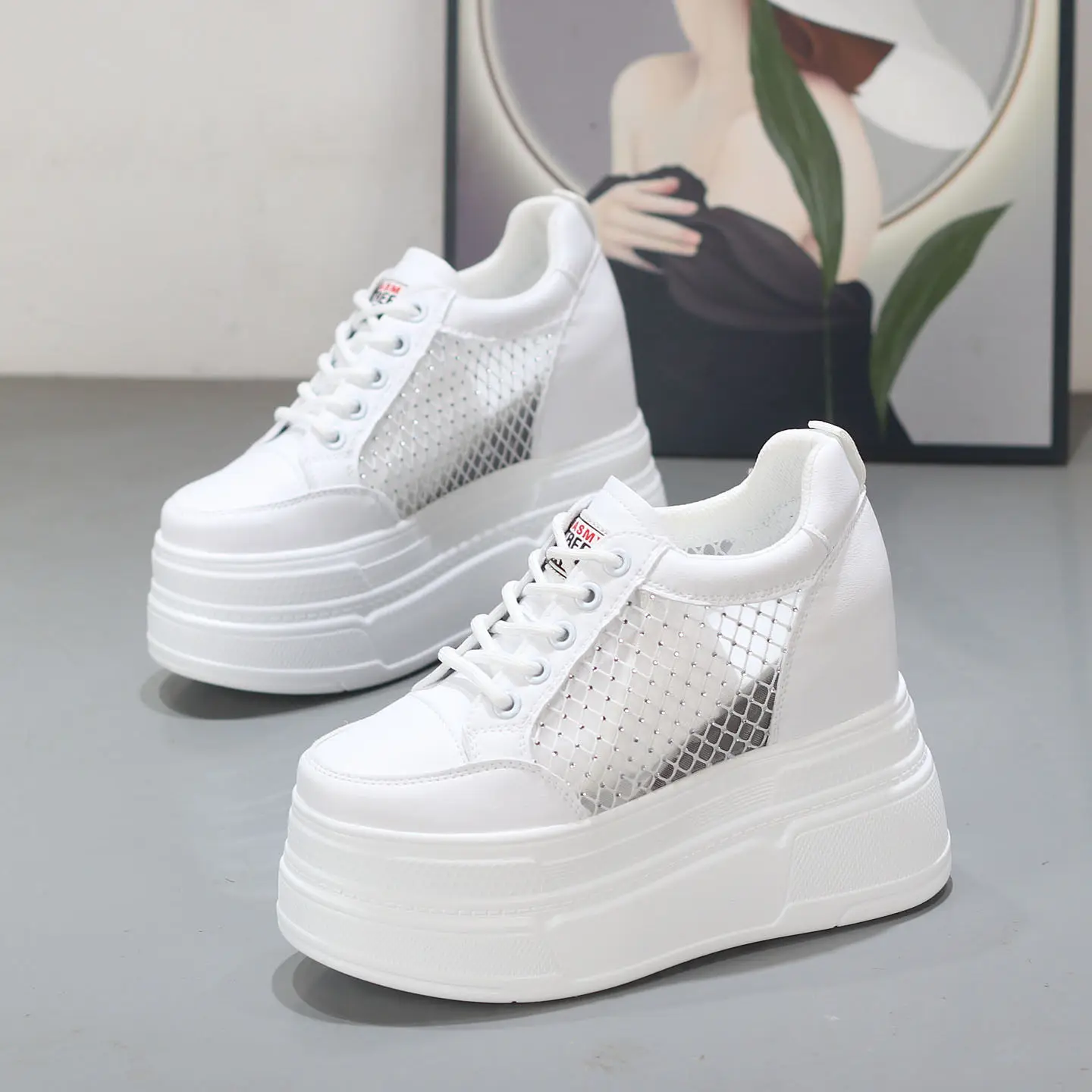 Women Summer Breathable Mesh Sneakers 10CM Hidden Height Increasing Platform Wedge Shoes Casual Chunky White Sneaker