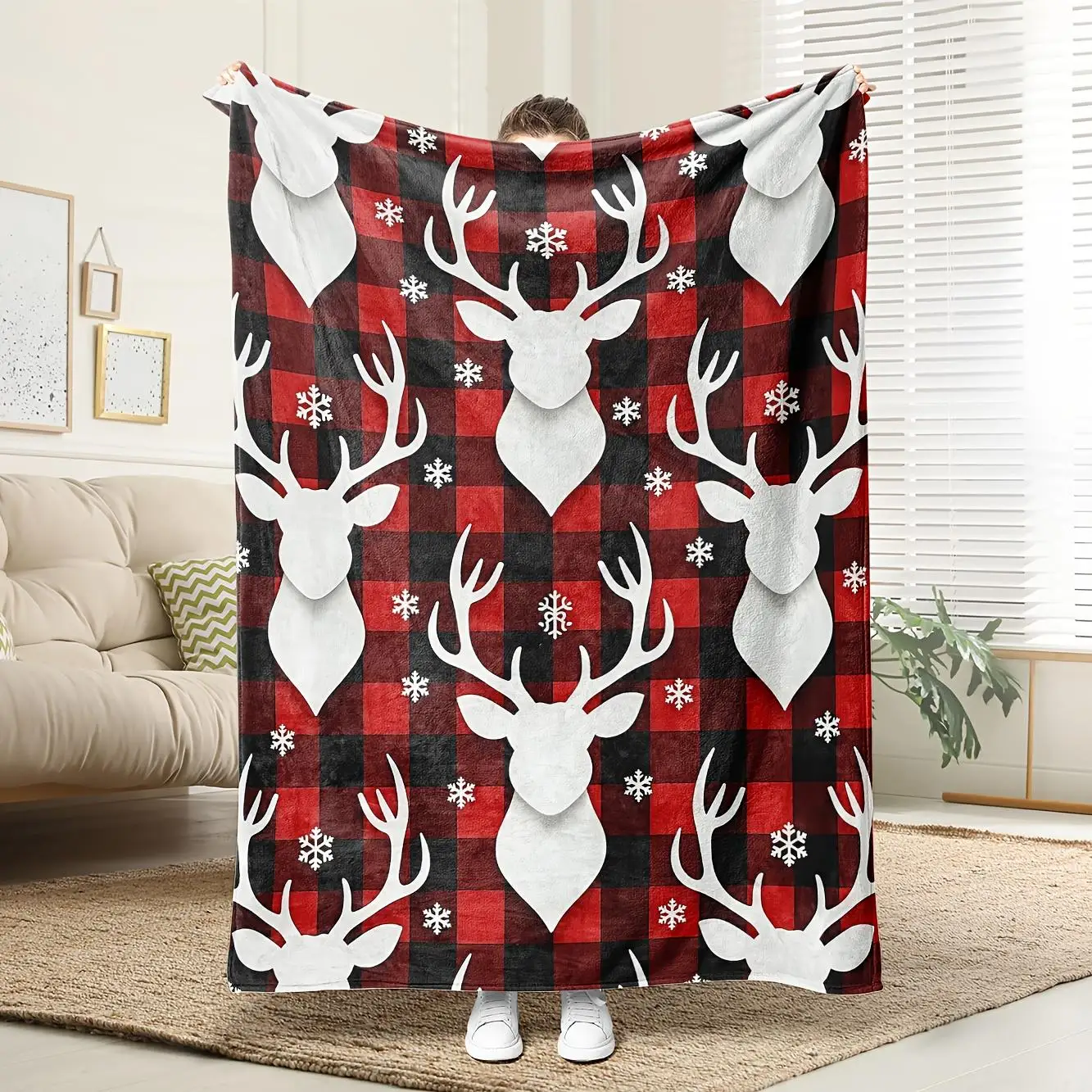 Red and black checkered blanket, polyester fabric, machine washable, suitable for bedroom and living room décor.