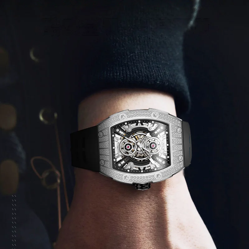 TVSILA Original Miyota Men's Automatic Mechanical Watch Stainless Steel Case Silicone Band Skeleton Waterproof Sport Wristwatch