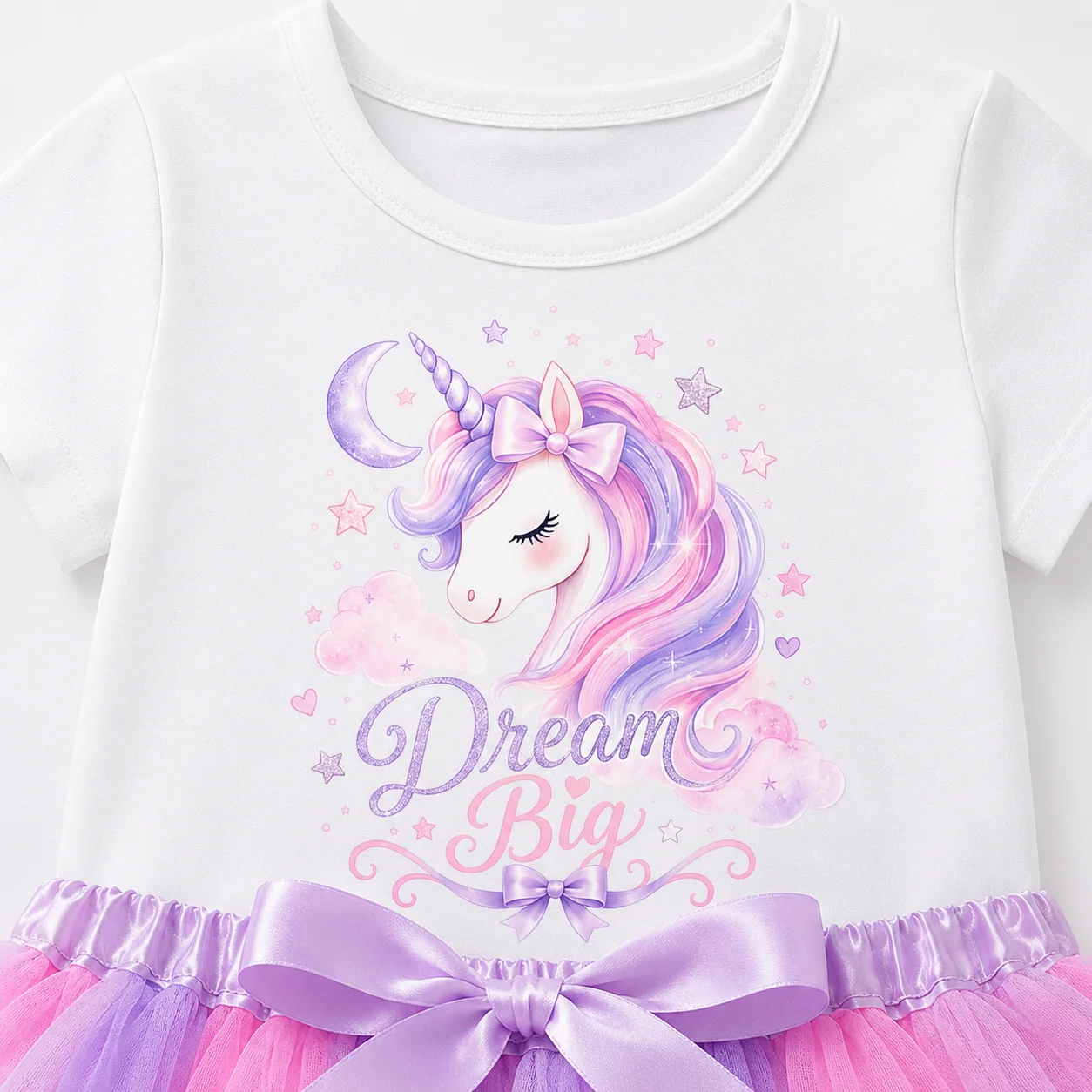 Kinder Mädchen T-Shirt mit Einhorn-Print, rosa, lila, Rüschen-Tutu-Rock, 2-teiliges Sommer-Outfit-Set für den Alltag, Geburtstag – Detail 1